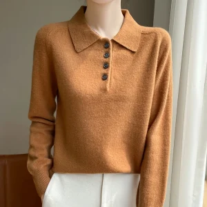 Polo Neck Pullover 100% Merino Wool Women's Solid Color Knit Top Fashion Korean Sweater Autumn and Winter Women's Clothes